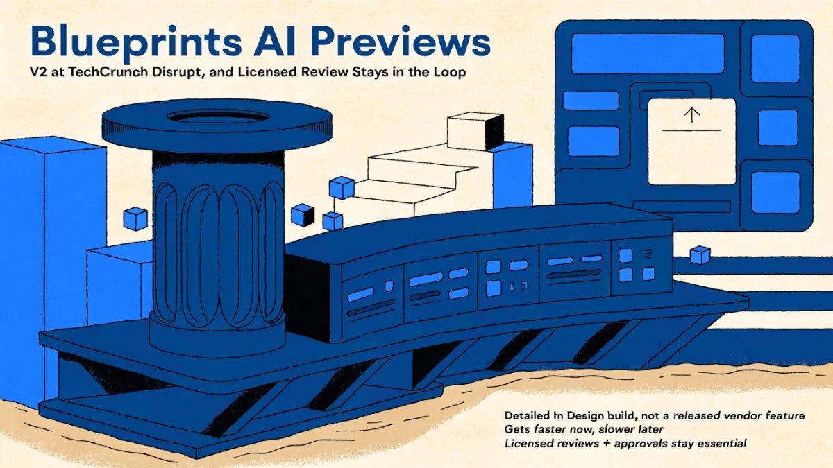 Editorial illustration for Blueprints AI Previews V2 at TechCrunch Disrupt, and Licensed Review Stays in the Loop