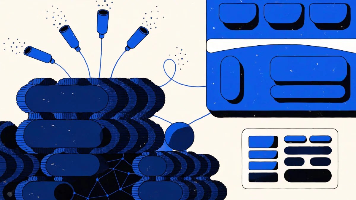 Editorial illustration of an AI agent moving work through connected business systems and a review gate.
