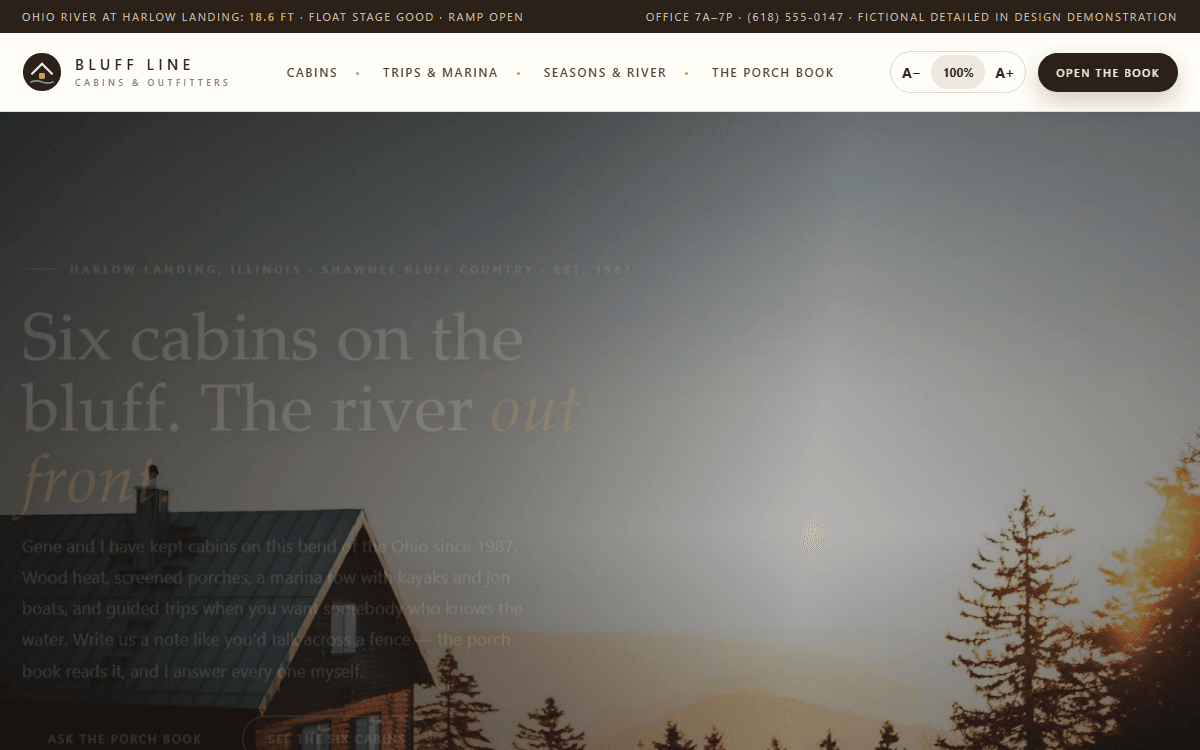 Bluff Line Cabins & Outfitters demo site homepage