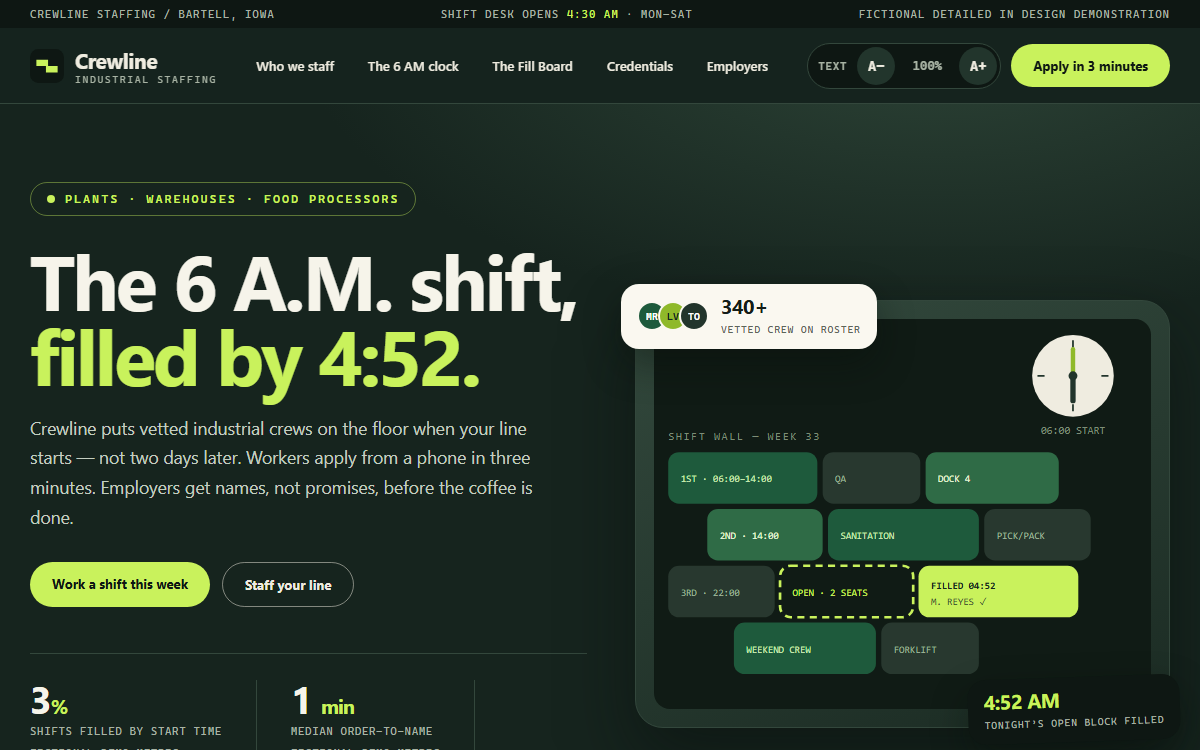 Crewline Staffing demo site homepage