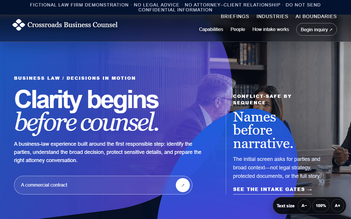 Crossroads Business Counsel demo site homepage