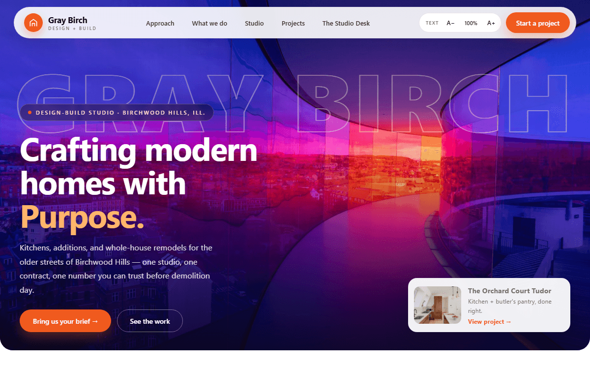 Gray Birch Design + Build demo site homepage