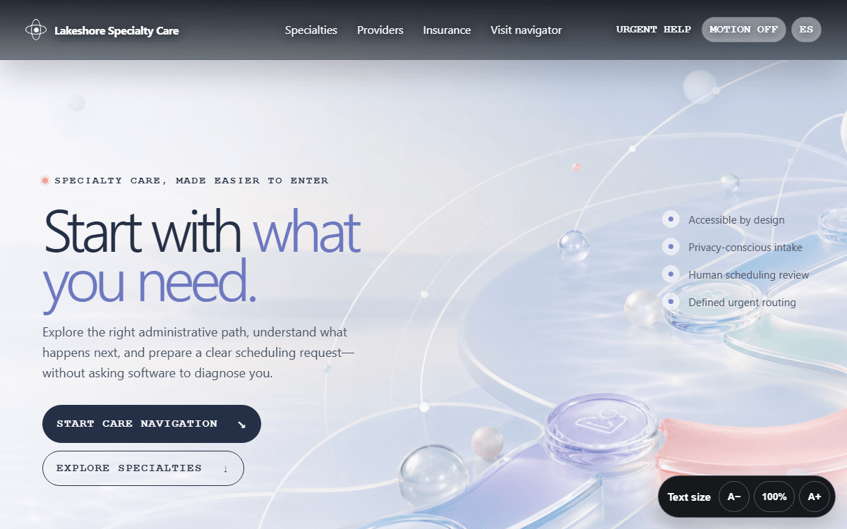 Lakeshore Specialty Care demo site homepage