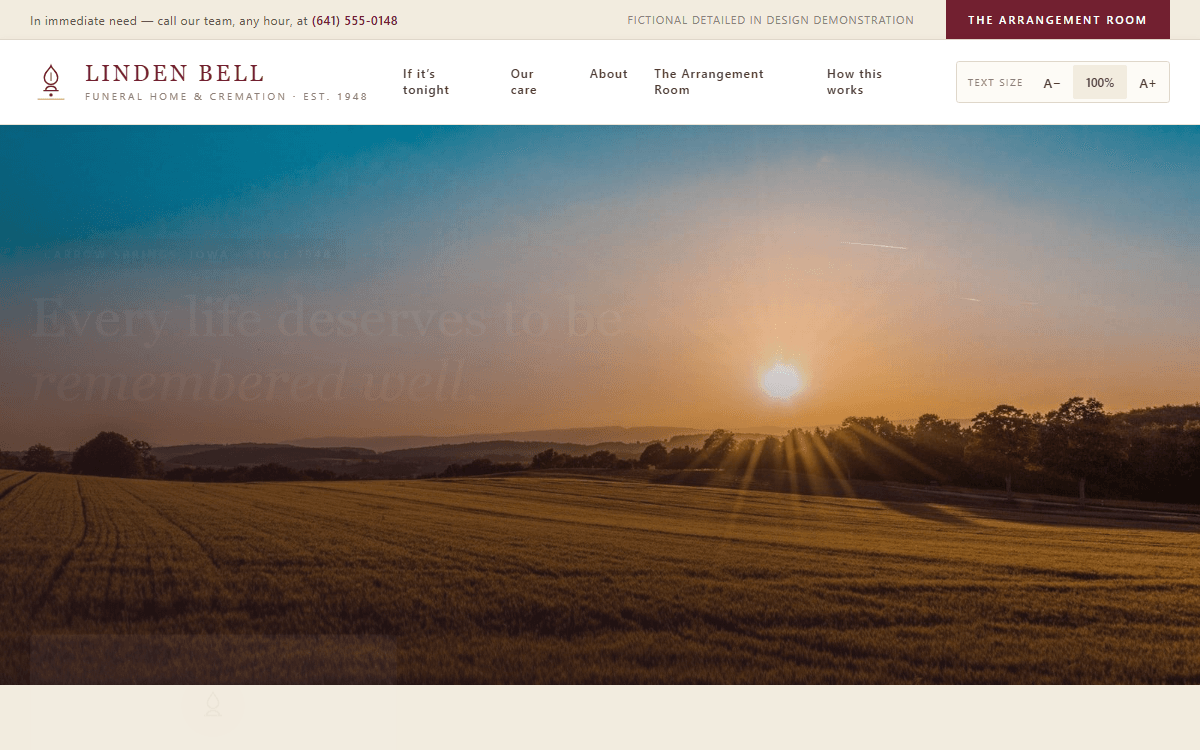 Linden Bell Funeral Home & Cremation demo site homepage