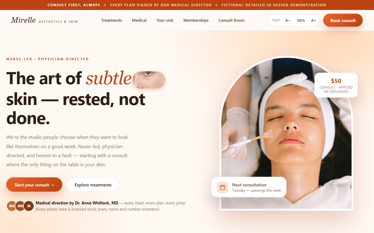 Mirelle Aesthetics & Skin Studio demo site homepage