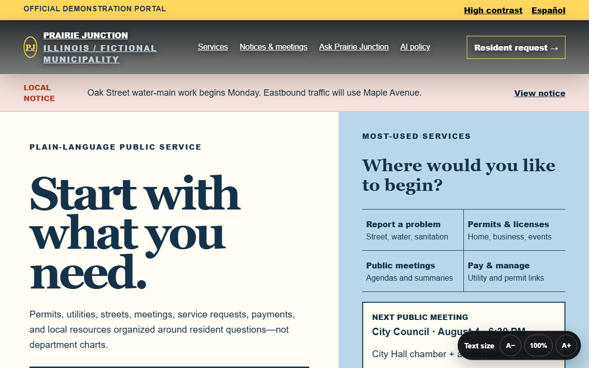 Prairie Junction demo site homepage