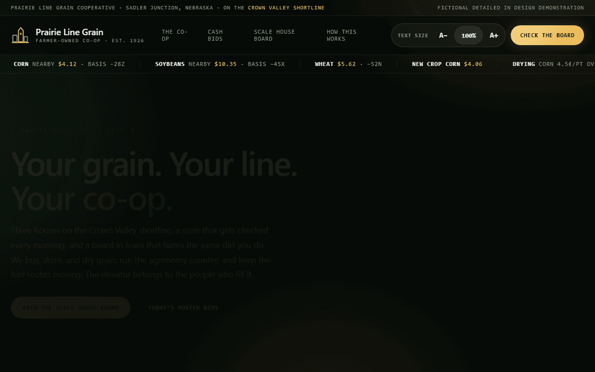 Prairie Line Grain Cooperative demo site homepage