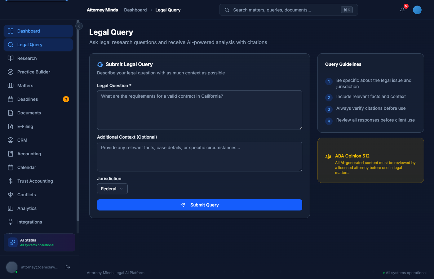Attorney Minds AI legal query interface with jurisdiction selection, query guidelines, and ABA Opinion 512 compliance notice