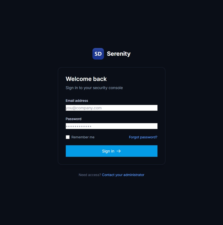 Serenity Cyber Defense Command Center with real-time threat metrics and alert monitoring